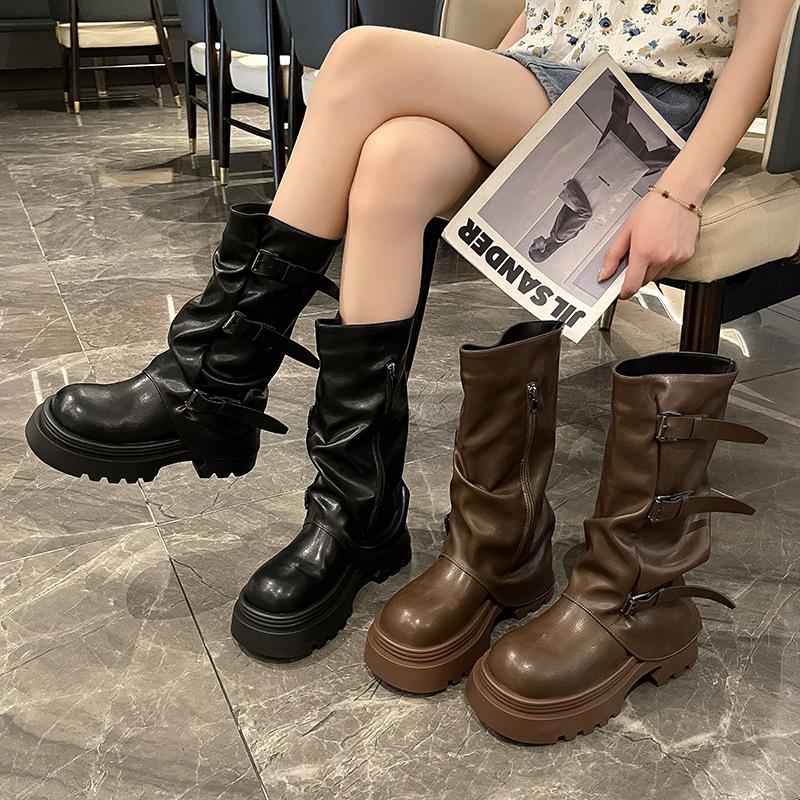 Thick-soled Heightening Martin Boots Women's 2025 New Spring and Autumn Retro Brown Maillard Stacking Boots Medium Tube Boots