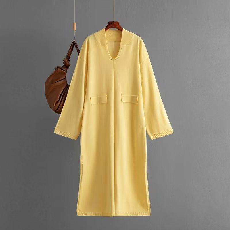 

Fashion Wind Autumn and Winter V-neck Pure Color Casual Loose Knitted Slit Dress V-Neck Knitted Dress Yellow All yards