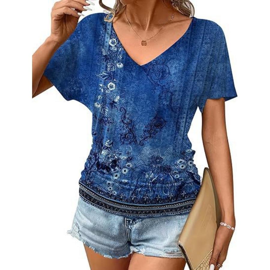 women fashion v neck short sleeve 3d print t shirt summer comfortable sportwear tops