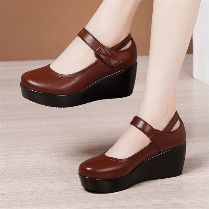 Spring Fashion Round Toe Wedge Pumps Women Shoes Thick Bottom Leather Shoes Women Platform Pumps Ankle Strap Black High Heels