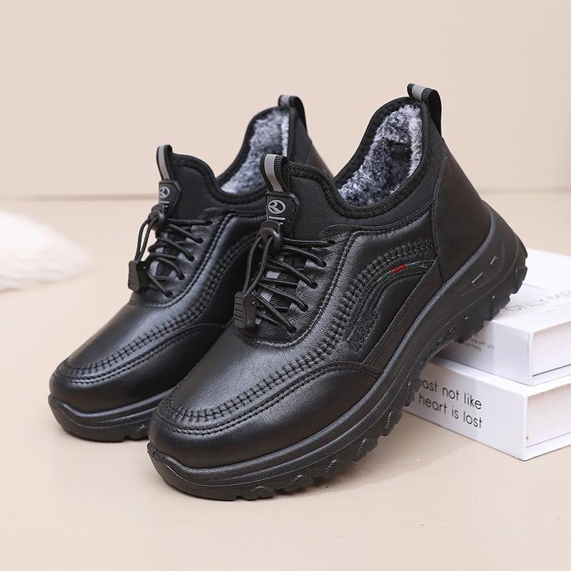 Warme, mit Fleece gefütterte Damenschuhe für den Winter, Kunstleder, mit Fell gefütterte Schnür-Sneaker für Damen, Outdoor-Schneeschuhe mit Slip-on-Sohle