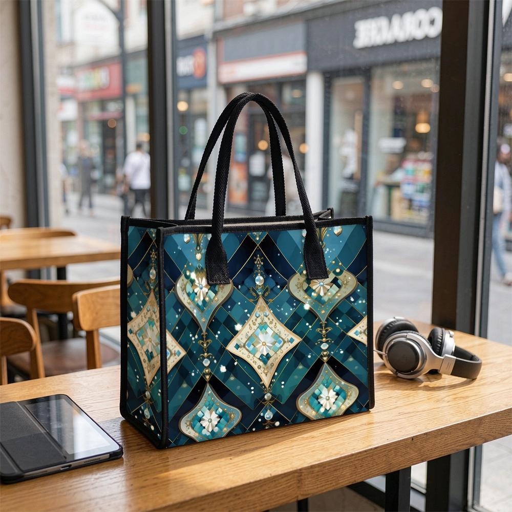 Bohemian Blue Geometric Tote Bag Casual Large Capacity Daily Handbag for Women Lightweight Portable Shopping Shoulder Bag