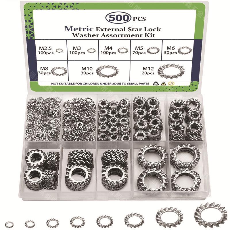 

304 Stainless Steel Serrated Lock Washers with Inner/Outer Teeth, Anti-Loosening, Toothed Design, Sizes M2.5-M12