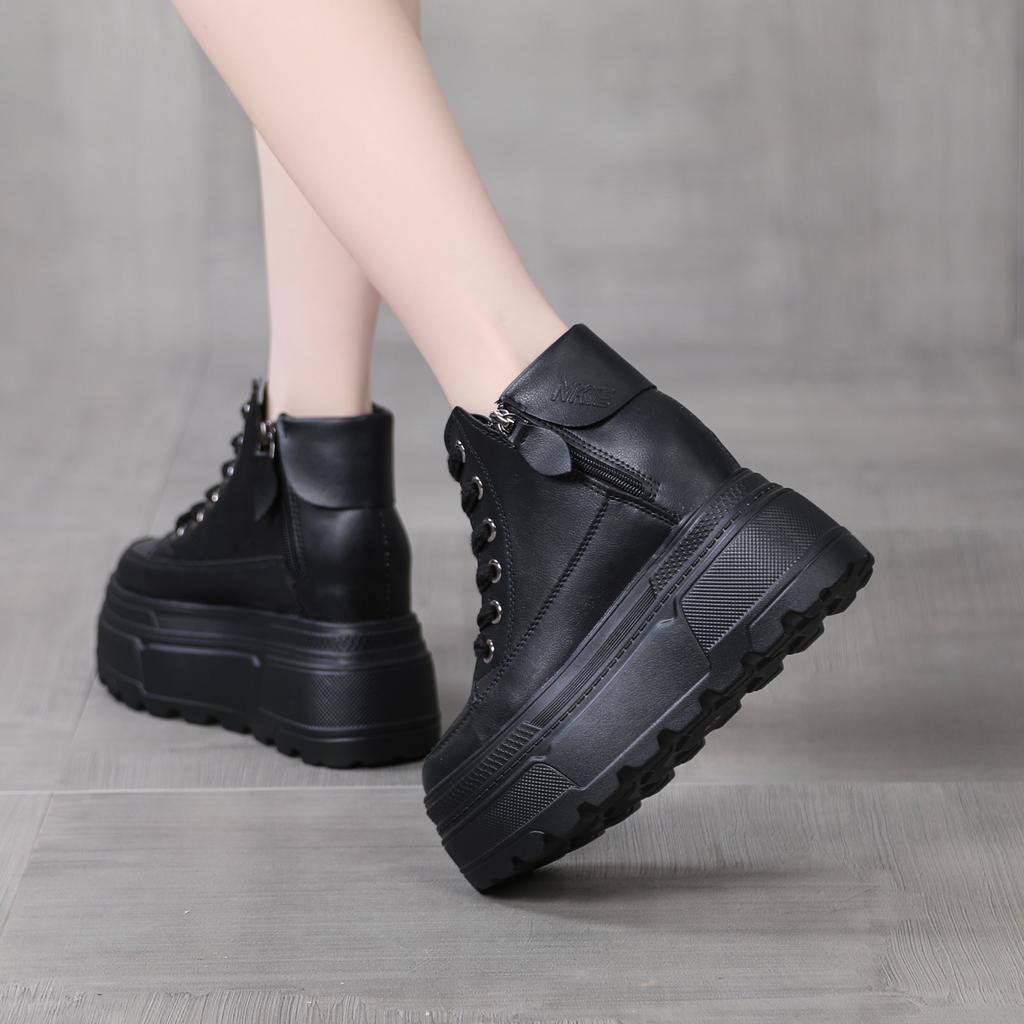 Herbst/Winter Keilabsatz Kurze Stiefel für Damen 10CM Dicke Sohle Seitliches Reißverschlussdesign Versteckte Plateauschuhe für kleine Frauen