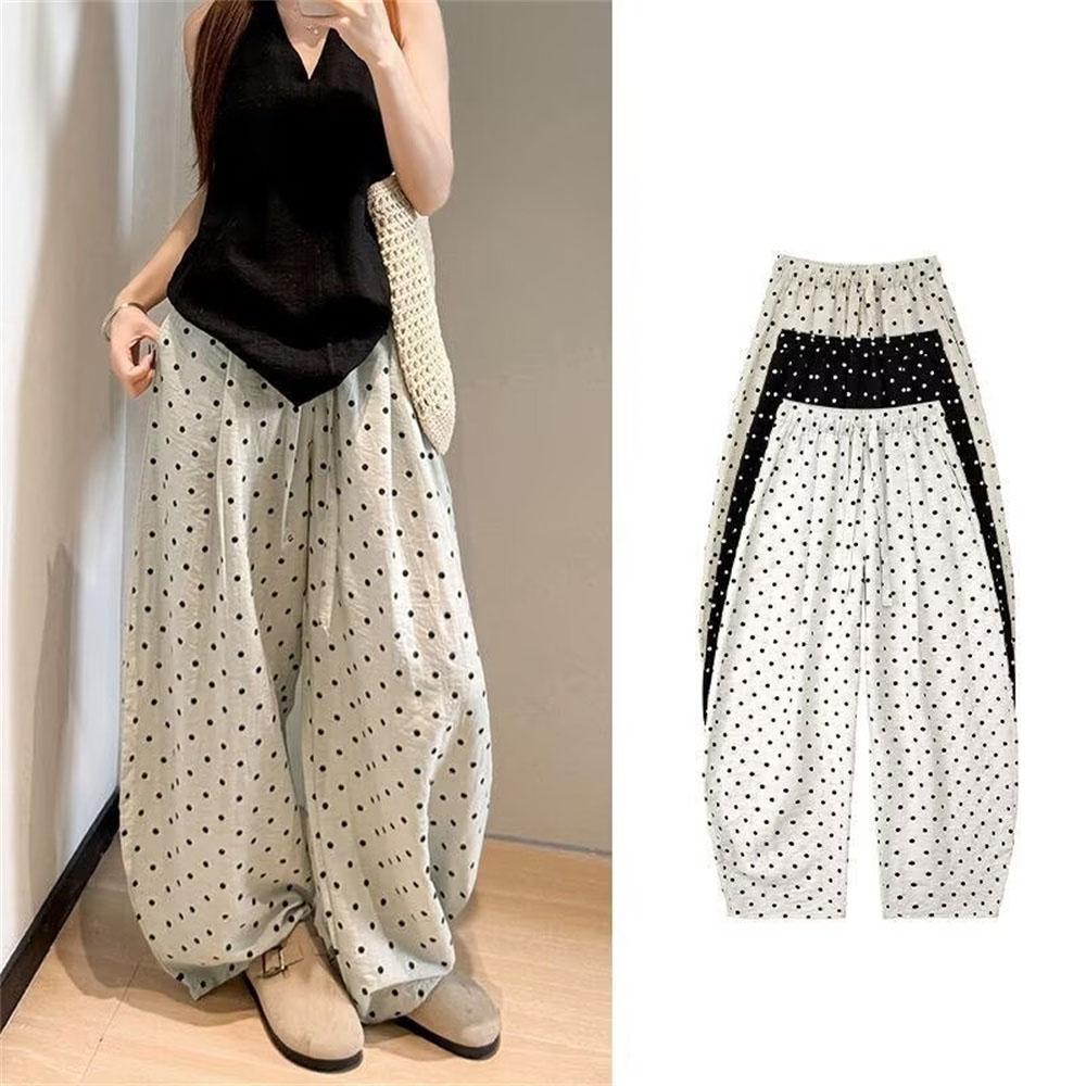 Women’s Dot Pants Loose Casual Summer Spring Trousers Lightweight Wide Leg Pants Korean Full Pants Trousers
