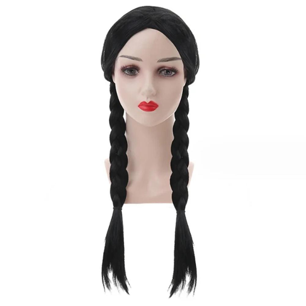NUOVA Parrucca Nera Intrecciata Sintetica Addams Treccia Nera a Coda di Cavallo Treccine Compatibile con Costume di Halloween Mercoledì Addams Parrucca