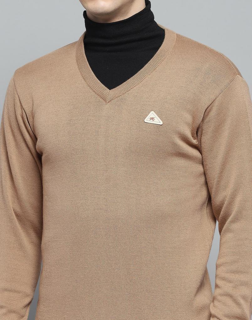 MONTE CARLO Mens Solid Khakhi V Neck Full Sleeve Pullover