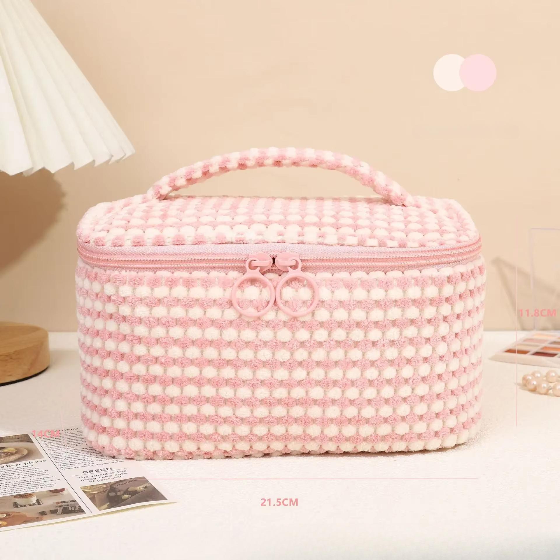 

Плюшевая клетчатая косметичка-перевертыш для женщин, большая вместительная косметичка, несессер, косметичка с ручкой, дорожный органайзер для косметики розовый