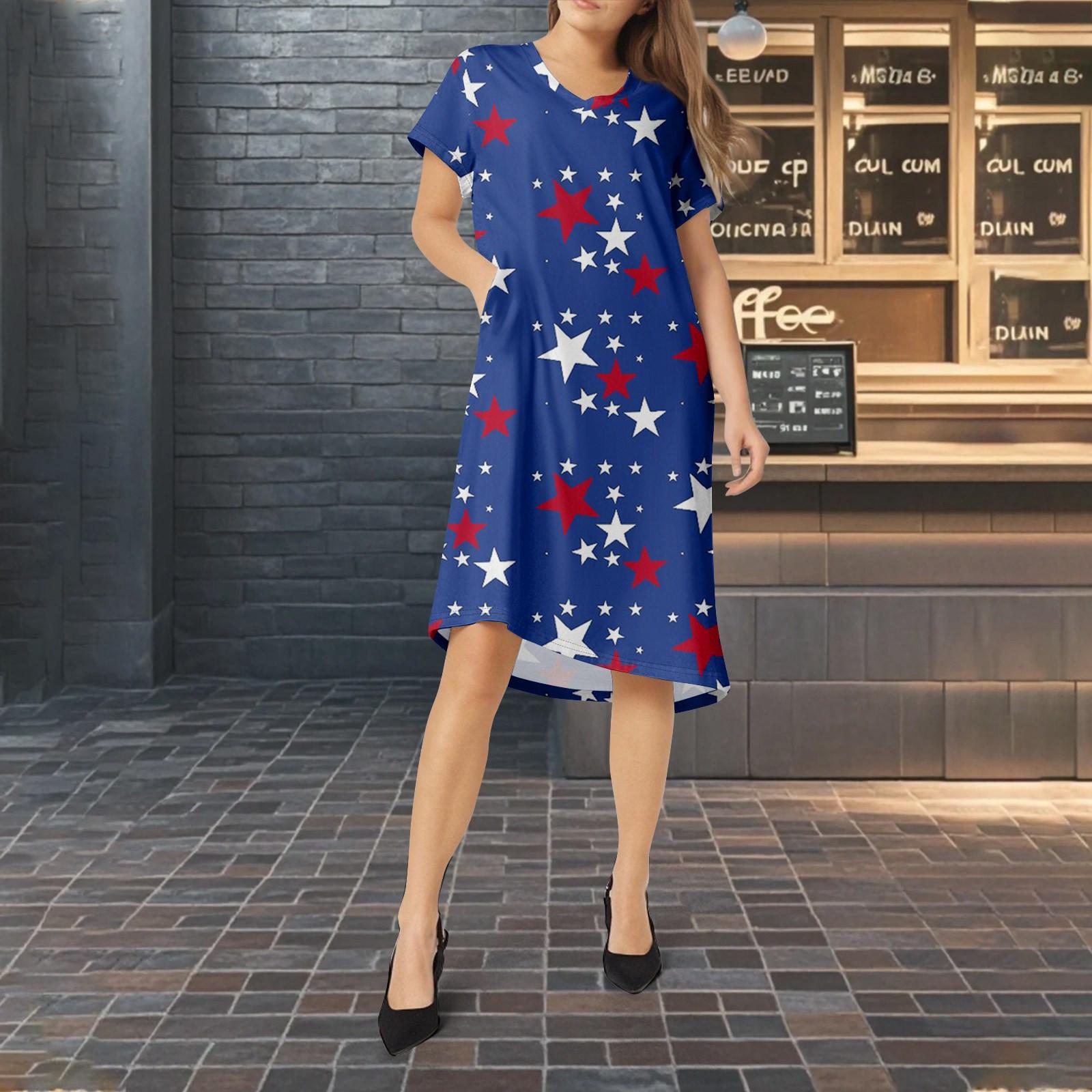 

Women s Summer V-neck Short Sleeve Independence Day Printed Cotton And Linen Dress S розовый