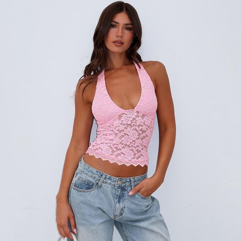 Women Sexy Hollow Out Lace Slim Fit Halter Crop Top