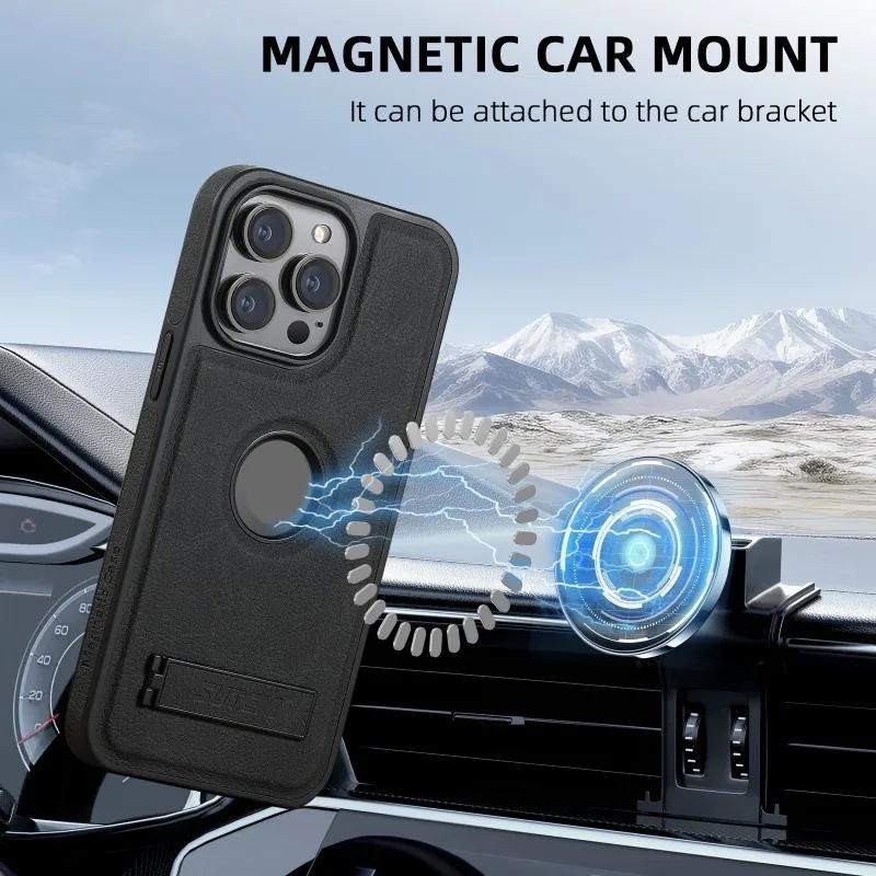 Leather Magnetic Clemence Holder Phone Case for IPhone 15 14 Plus 13 12 Pro Max WIth Kickstand Shockproof Protective Back Cover