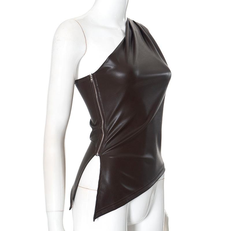 2025 Fall Snd Winter New Pure Color Slim Sleeveless One-Shoulder Slanting Collar Zipper Show Thin Jacket