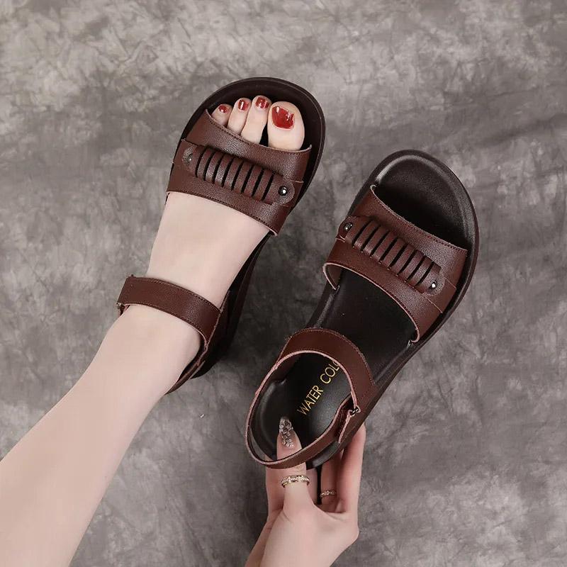 Retro Leather Roman Sandals Women Summer Thick Bottom Wedge Heel Non-slip Cowhide Mother Sandals Ladies Platform Shoes