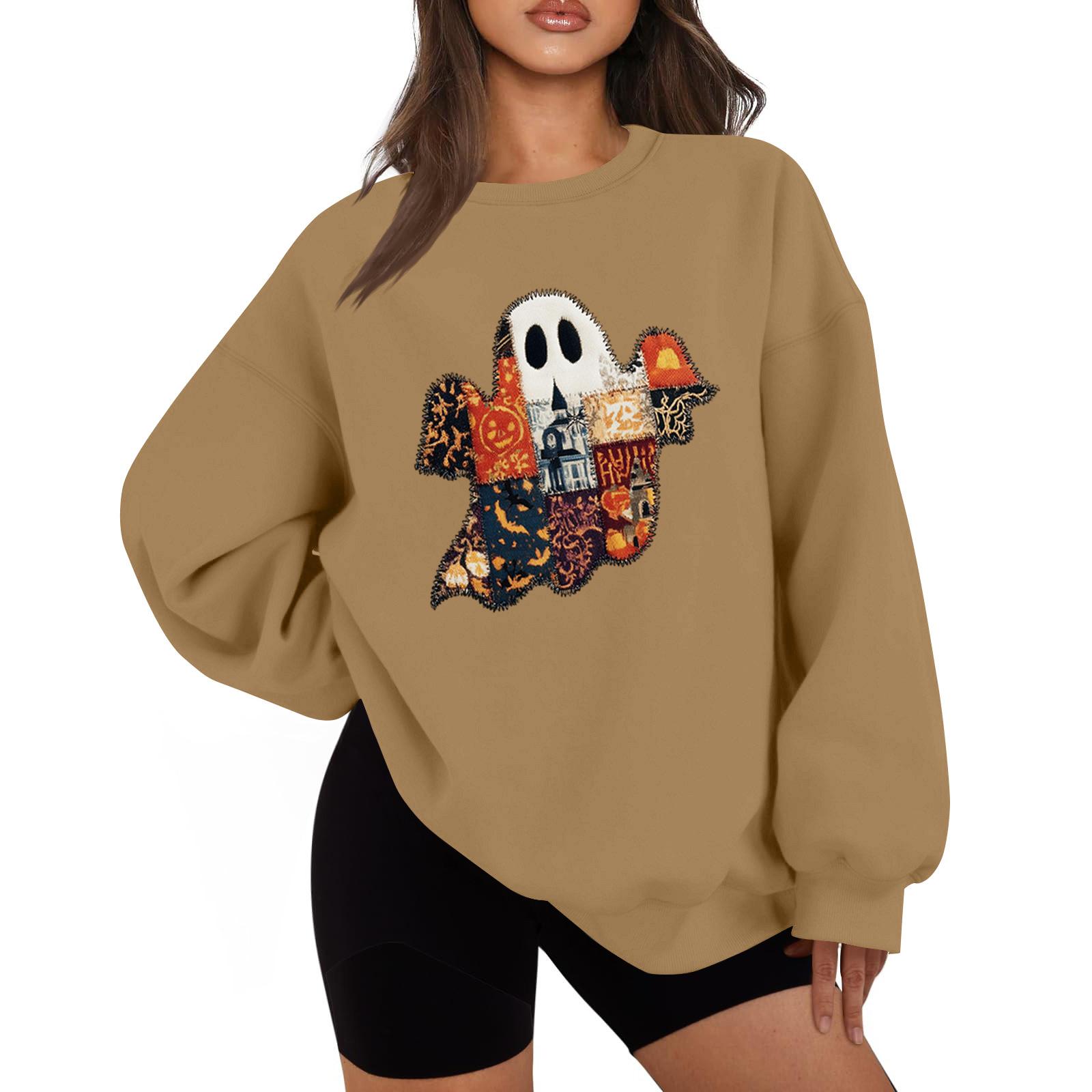

Женская мода повседневная блузка с длинным рукавом и принтом на Хэллоуин с круглым вырезом M хаки