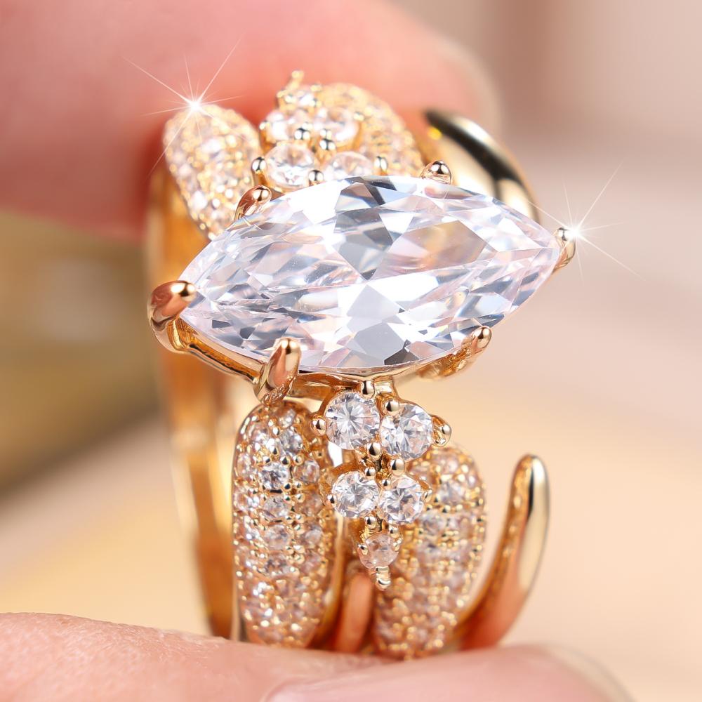 Stunning Gold Color Marquise Zircon Ring Set for Women Wedding Banquet Fashion Jewelry Gift