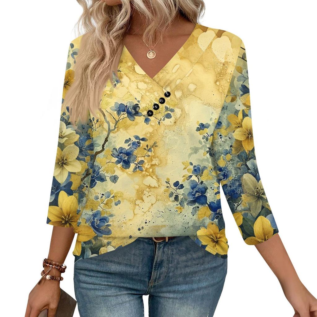 Women's Print Top Button-down V-neck T-shirt 3/4 Sleeve Loose Fashion Top