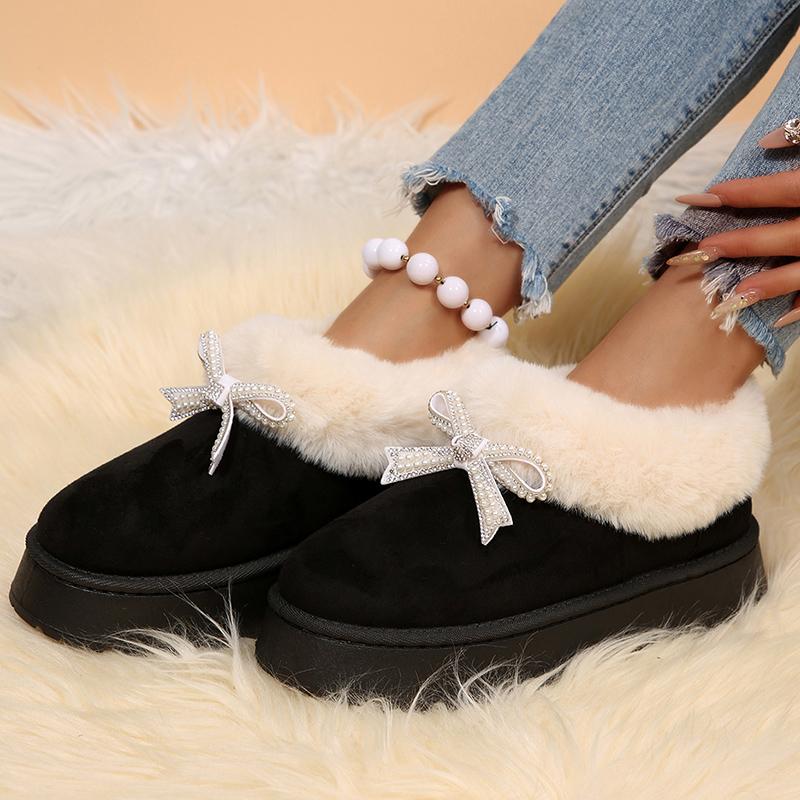 Crystal Bowknot Faux Fur Snow Boots Women Winter Warm Thicken Plush Platform Ankle Boots Woman Non Slip Thick Sole Cotton Shoes