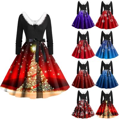 Damen Vintage Langarm Weihnachtsdruck 1950er Jahre Hausfrau Abend Party Ballkleid
