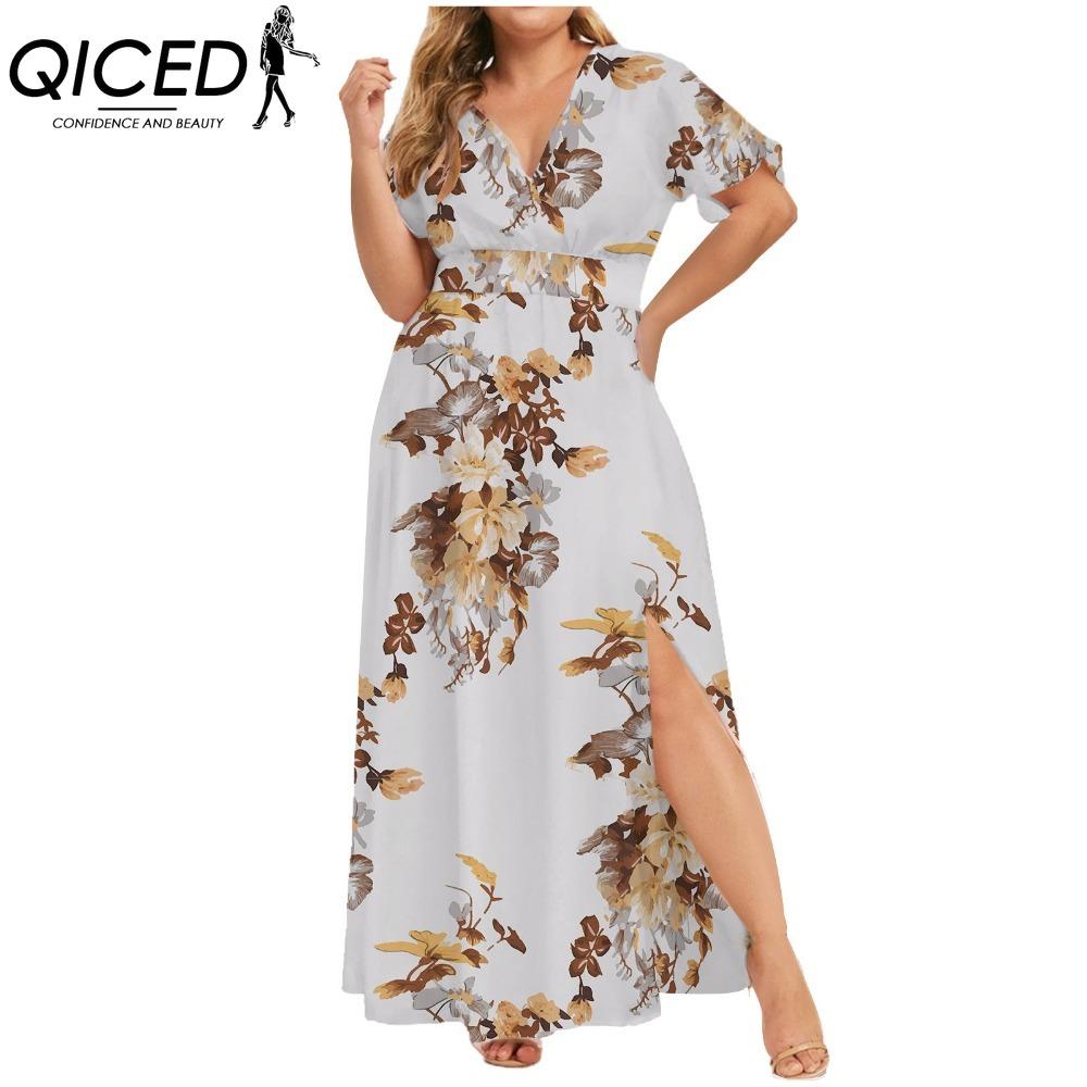 QICED L-5XL Dame Mote Sommer Vår Kortermet V-hals Hverdags Kjoler