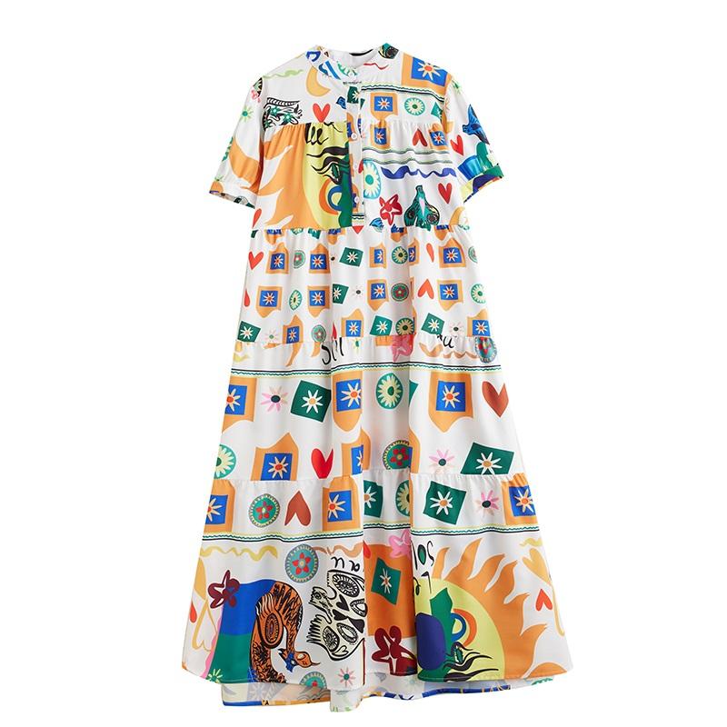 Krátký rukáv Nadměrná velikost vintage květinová novinka v šatech pro ženy ležérní volné dlouhé letní šaty