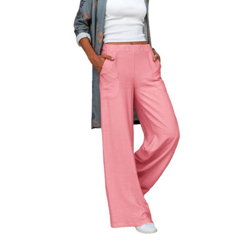 Women's Elastic Waist Solid Color Loose Fit Wide Leg Pants Minimalist Daily Casual Trousers With Pockets