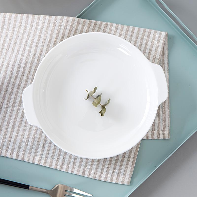 Double-Handle White Bone China Deep Plate - Anti-Scald Ceramic Bowl for Soup & Vegetables