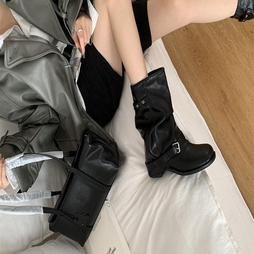 Coarse Heel Black British Medium Martin Boots Women's Boots 2025 Spring and Autumn Single Boots Western Pants Pile Pile Short Boots