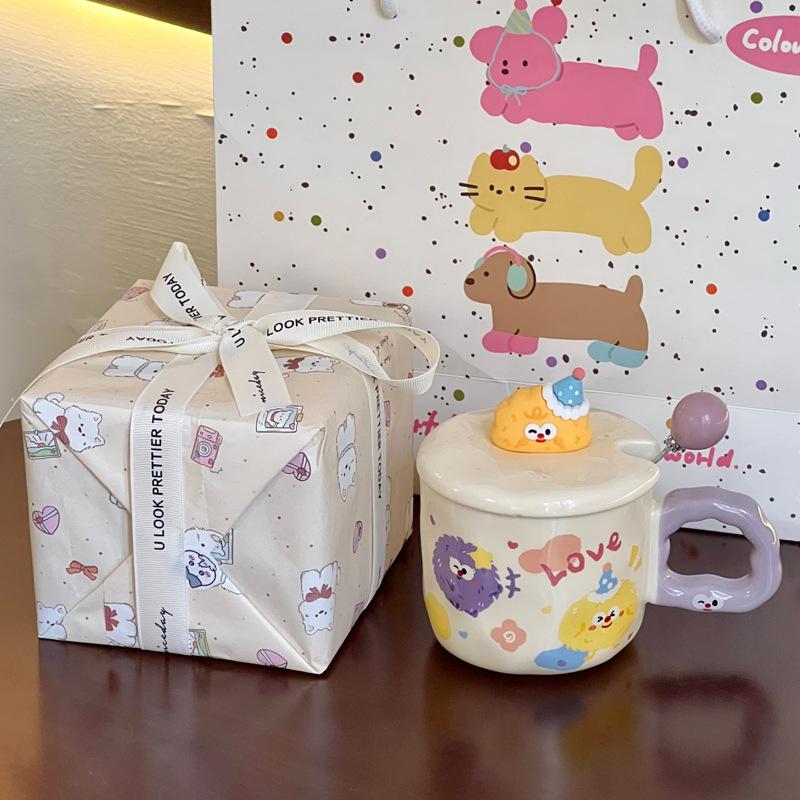 Cute Cartoon Coal Ball Ceramic Mug with Lid Couple Water Cup Girl Birthday Gift Girlfriend Souvenir Gift Box