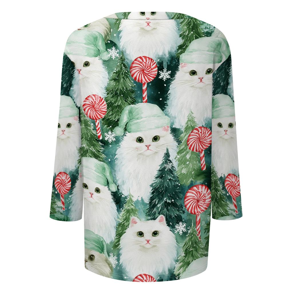 Women's Christmas Print V-Neck Three-Quarter Sleeve Casual Loose Fit Shirt