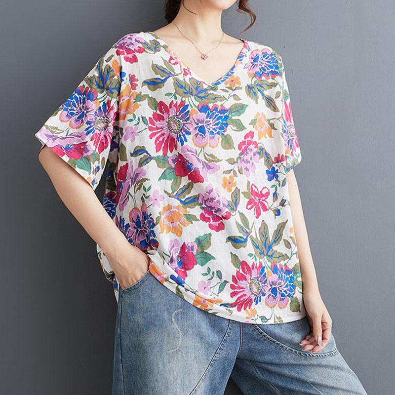 T-shirt damski letni duży rozmiar bawełniany T-shirt miękki luźny z nadrukiem casualowy wygodny wkładany T-shirt top