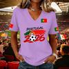 Women V Neck Pullover Short Sleeve Casual T Shirt Soccer Flag Print Portugal Support Top for Fans