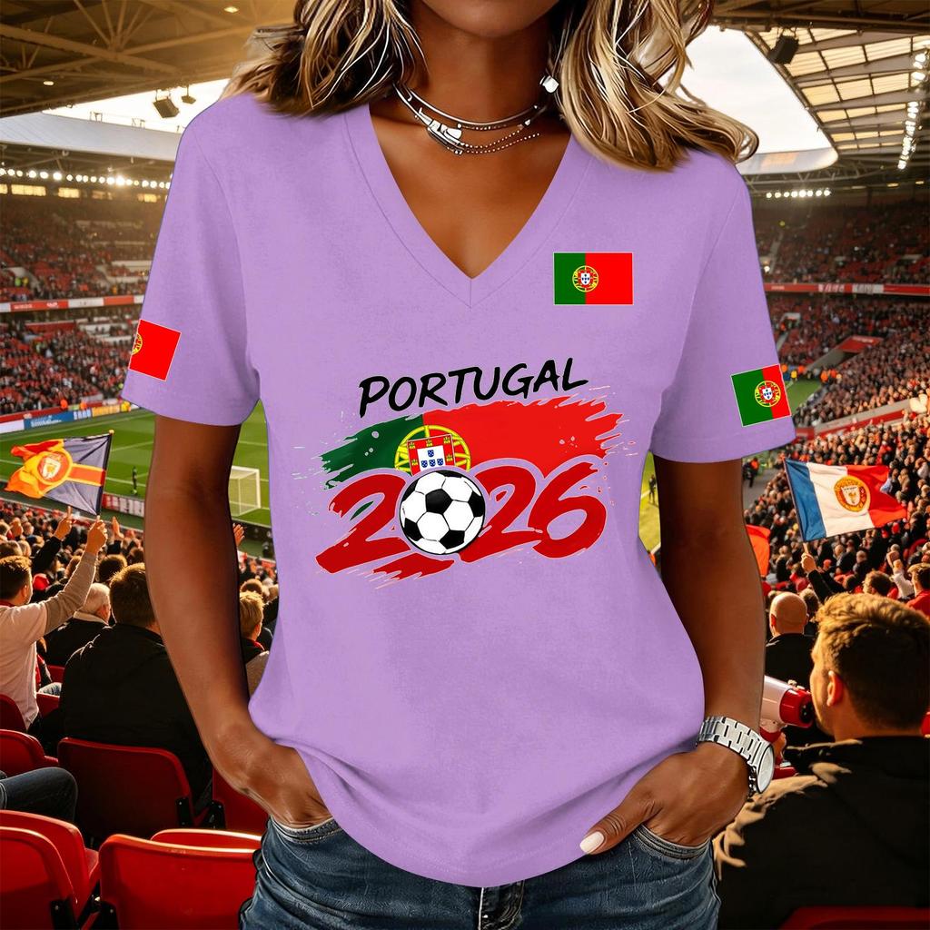 Women V Neck Pullover Short Sleeve Casual T Shirt Soccer Flag Print Portugal Support Top for Fans