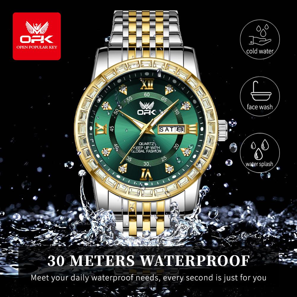 OPK Dual Calendar Luxury Quartz Watch For Men Diamond Roman Scale Business Hand Clock Waterproof Fashion Original Man Watch