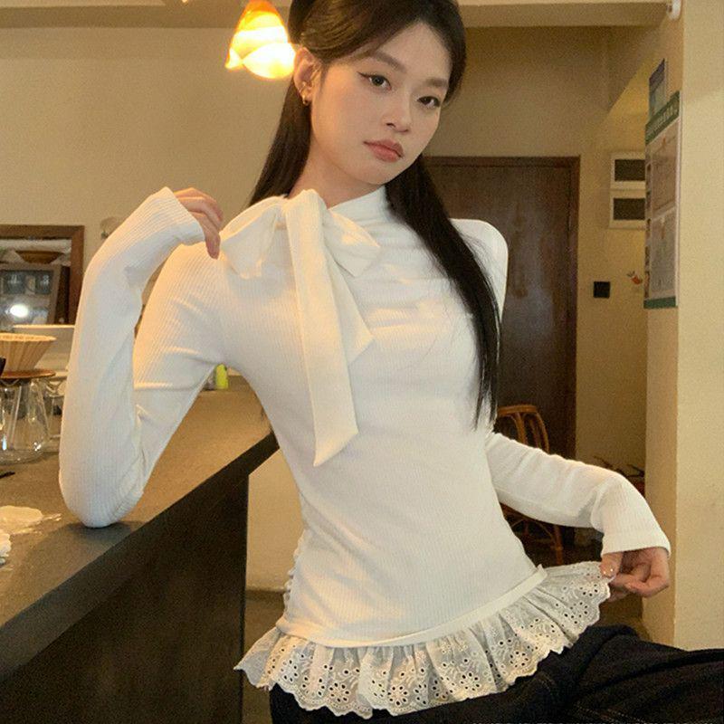 

Spring/Autumn Lace Long Sleeve Slim Fit T-Shirt - Stylish & Versatile Base Layer for Women L