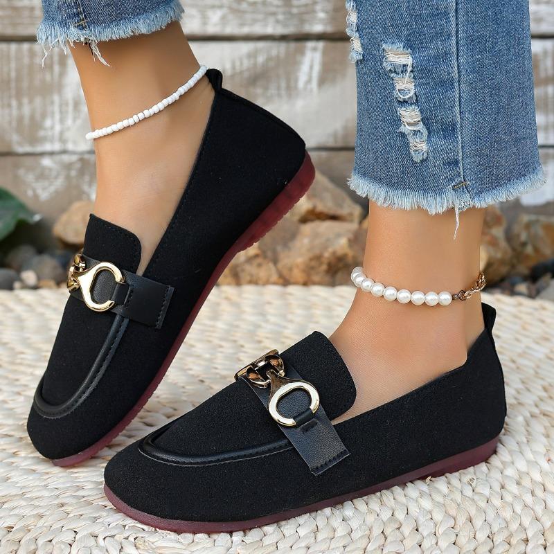 Women's Shoes Spring and Autumn New Korean Round Toe Shallow Metal Buckle Low Heel Flat Comfortable Casual Single Shoes