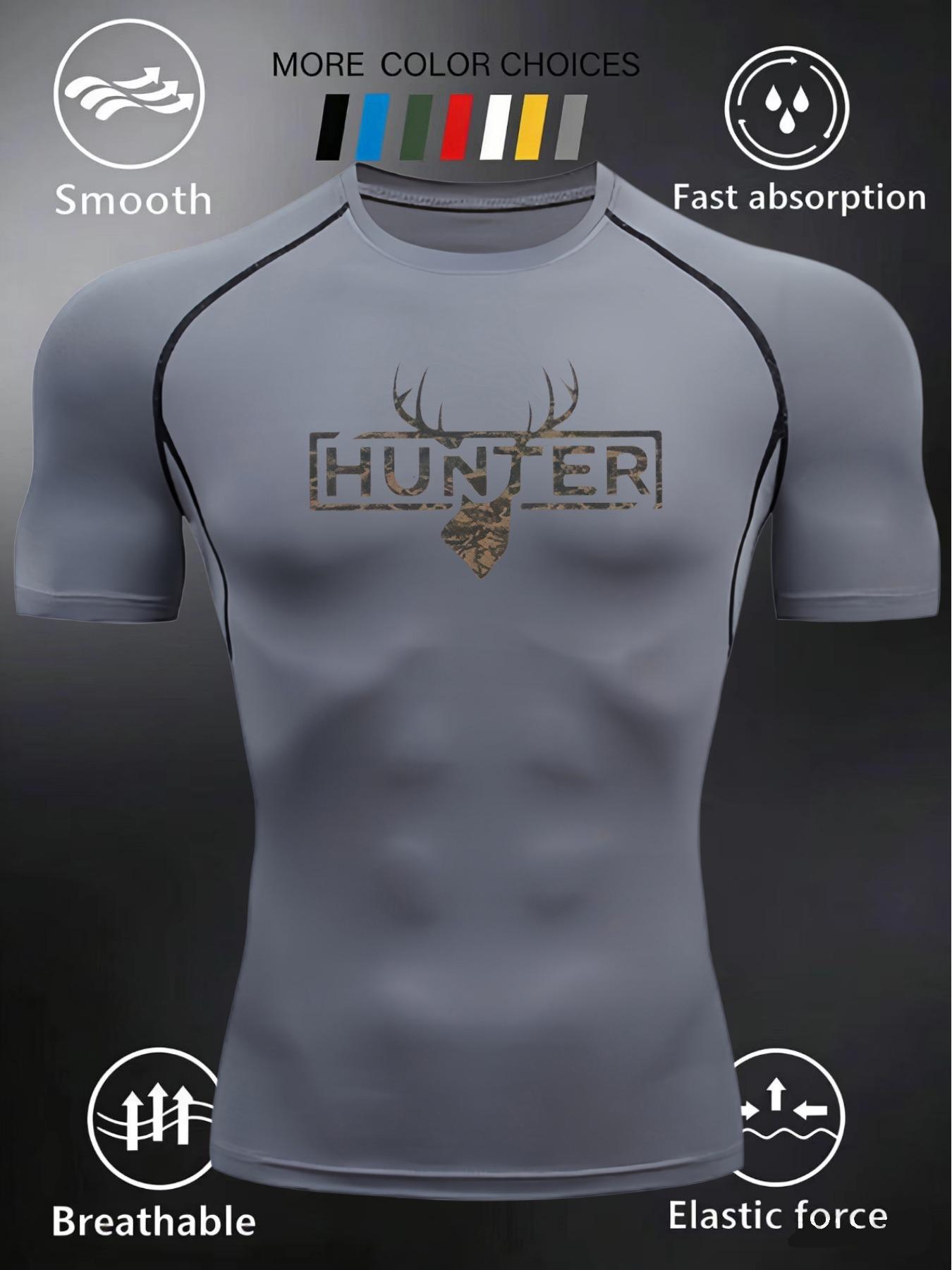 Men s Compression Shirt Quick Dry Neon Green Gym T-Shirt  HUNTER  Deer Print Workout Sportswear S серый