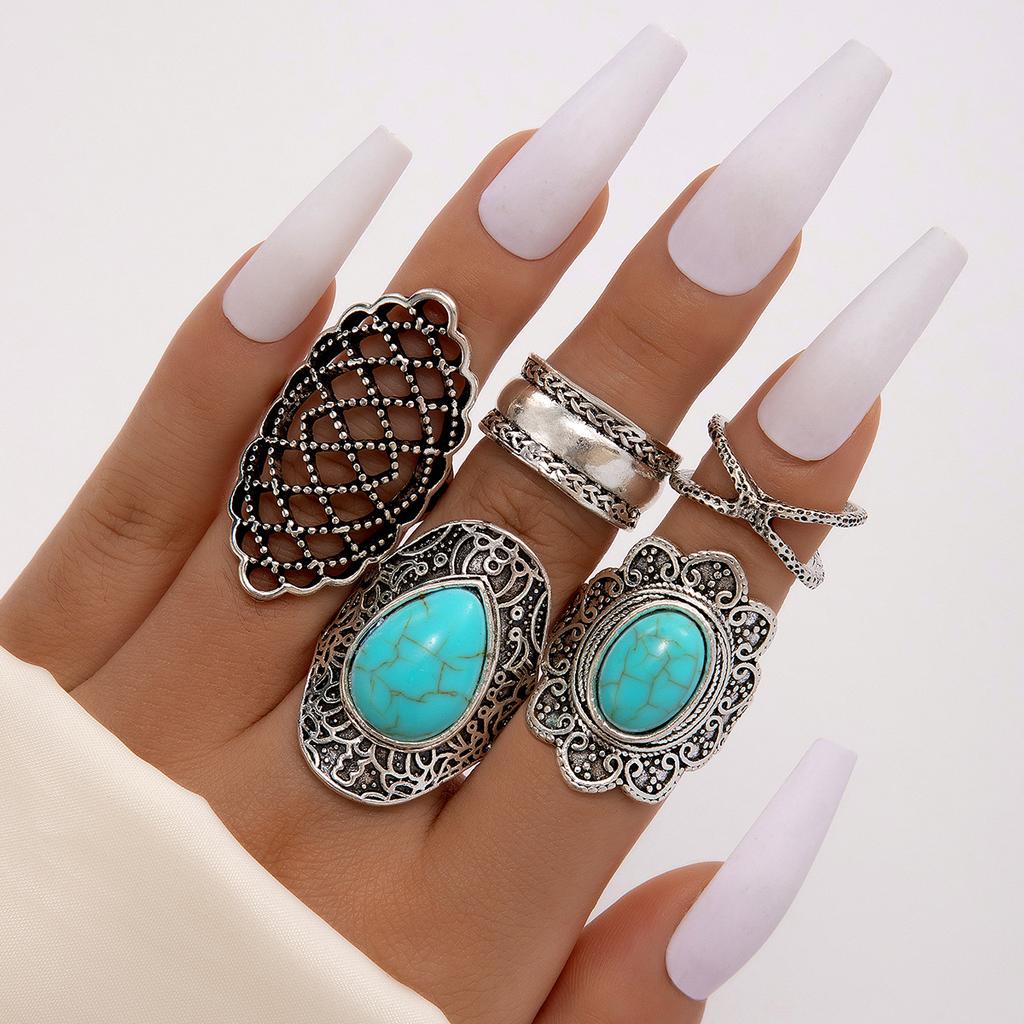 Black and White Emerald Ring, Personalized Retro Drip Cross Hollow Wide Edge Ring 5-piece Set for Men and Women