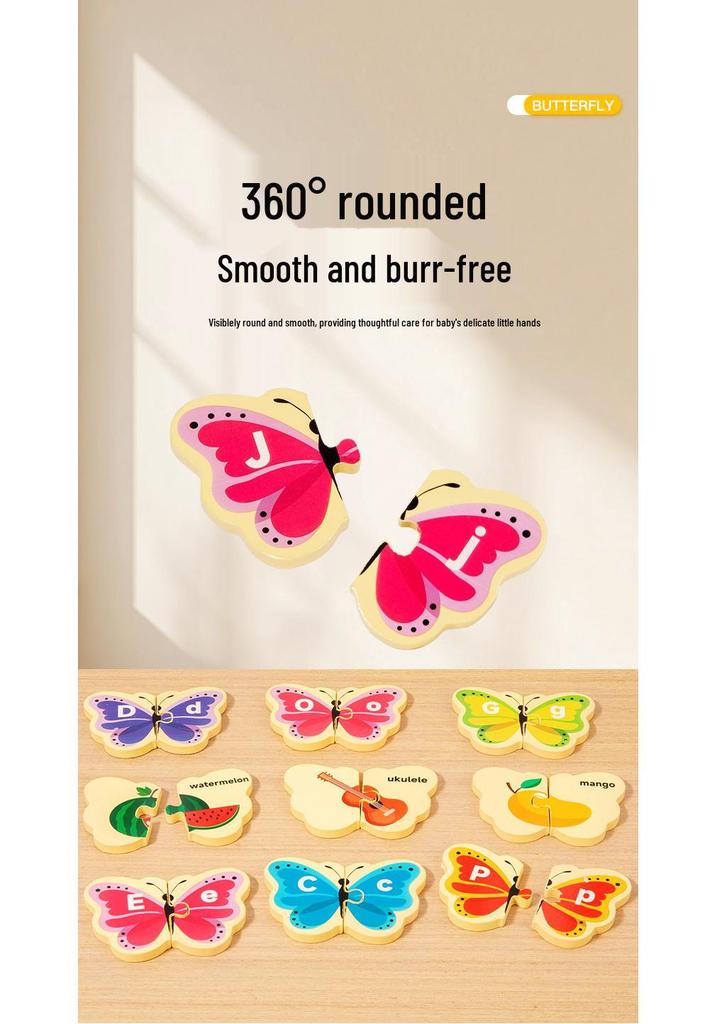 3D Butterfly Letter Matching Puzzle: Wooden Uppercase & Lowercase Recognition Toy for Children's Early Education