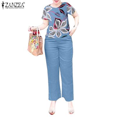 Women Vintage Side Pockets Buttons Floral Prints O-Neck Two Piece Suit Sets