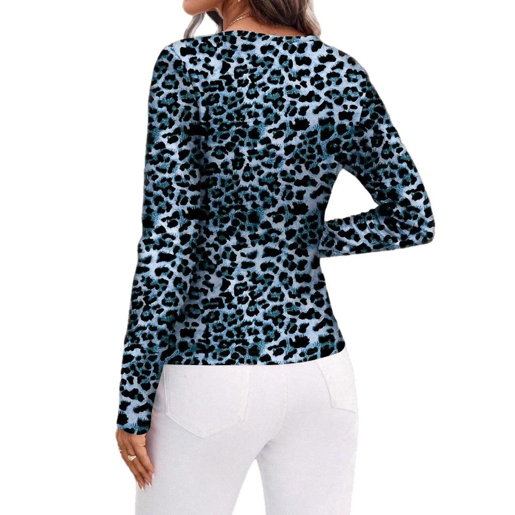 Camiseta casual de manga larga para mujer con estampado de leopardo, botones, corte slim, para primavera y otoño