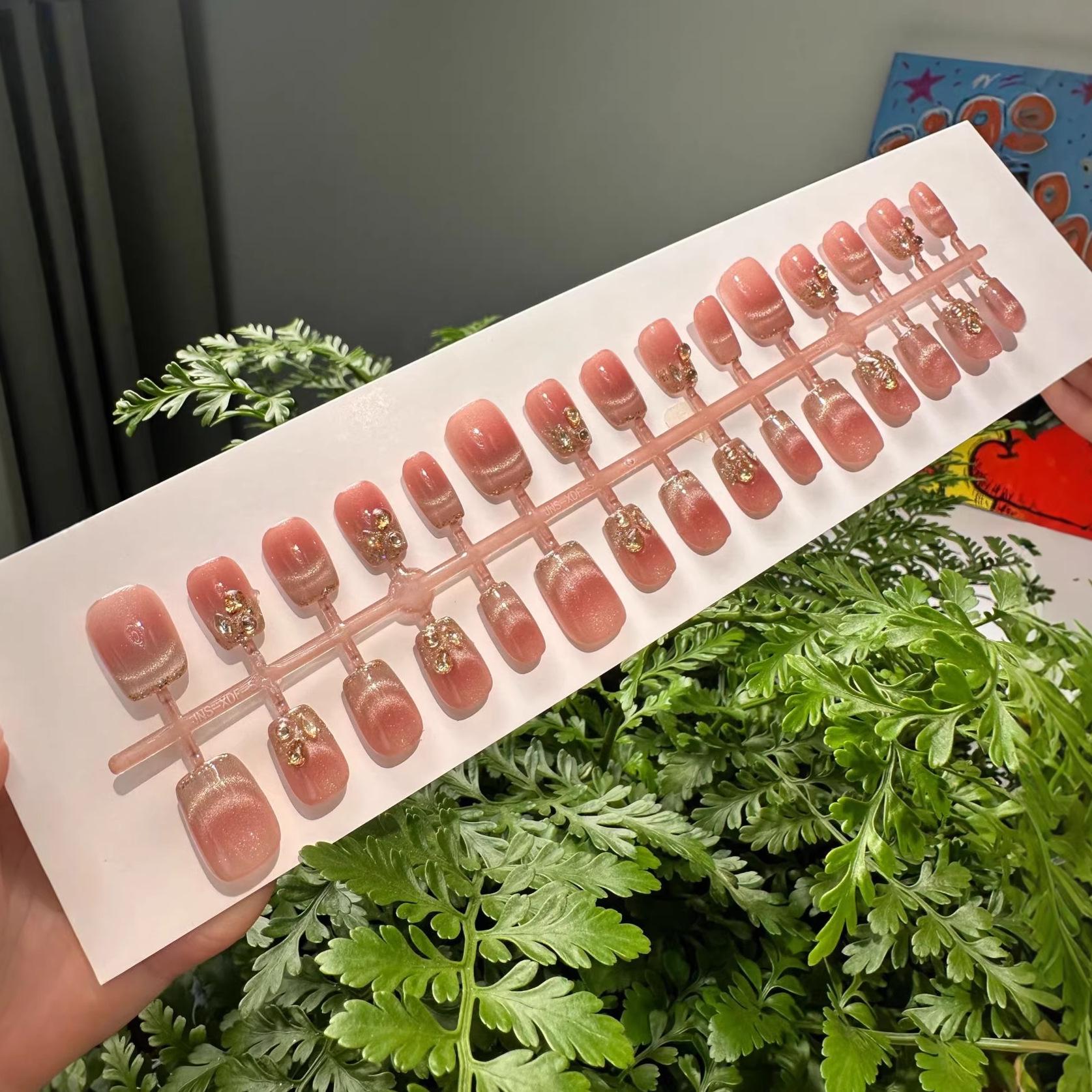 Золотые Французские Кошачий Глаз Шампанское Ручной Работы Готовые Ногти - Носимые, Готовые Наконечники, Накладные Ногти