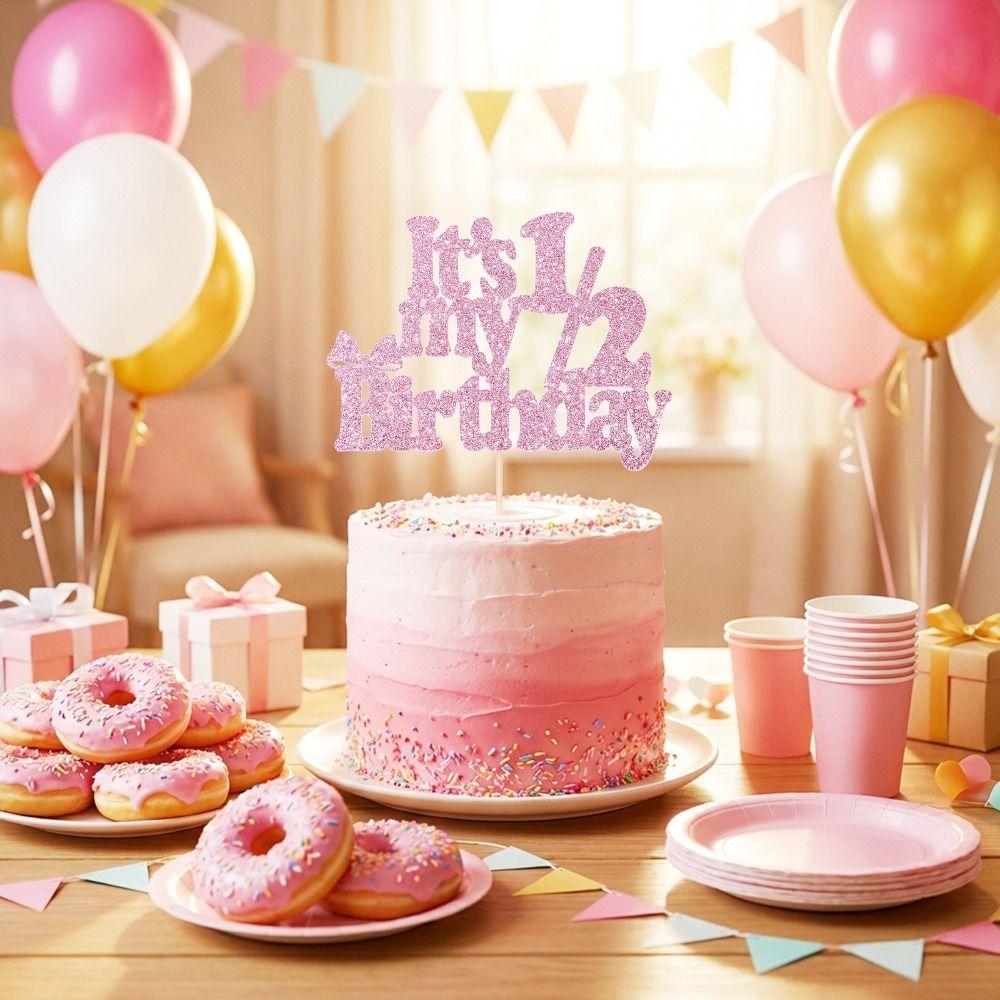 3pcs Pink 1/2 Birthday Cake Topper Giltter Paper Half Birthday Decorations  for Baby Birthday Party