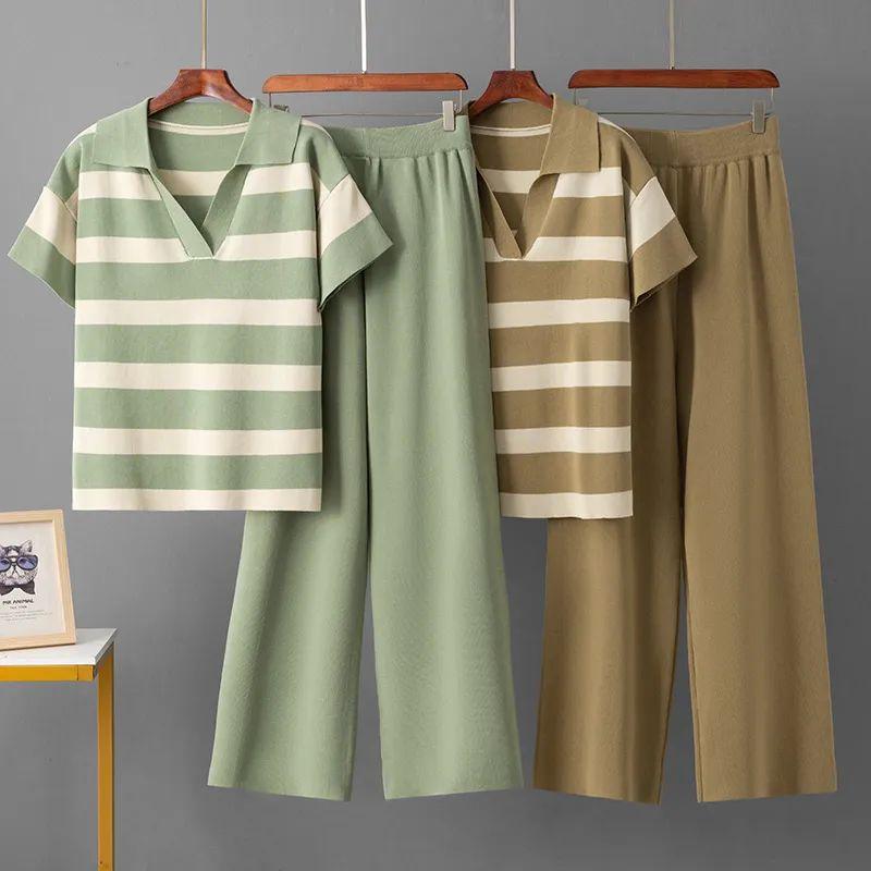 Cross-Border Foreign Trade Summer Fashion Set V-neck Short Sleeve Striped Knitted Top Fashion Slim Fit Wide Leg Pants Two-piece Set
