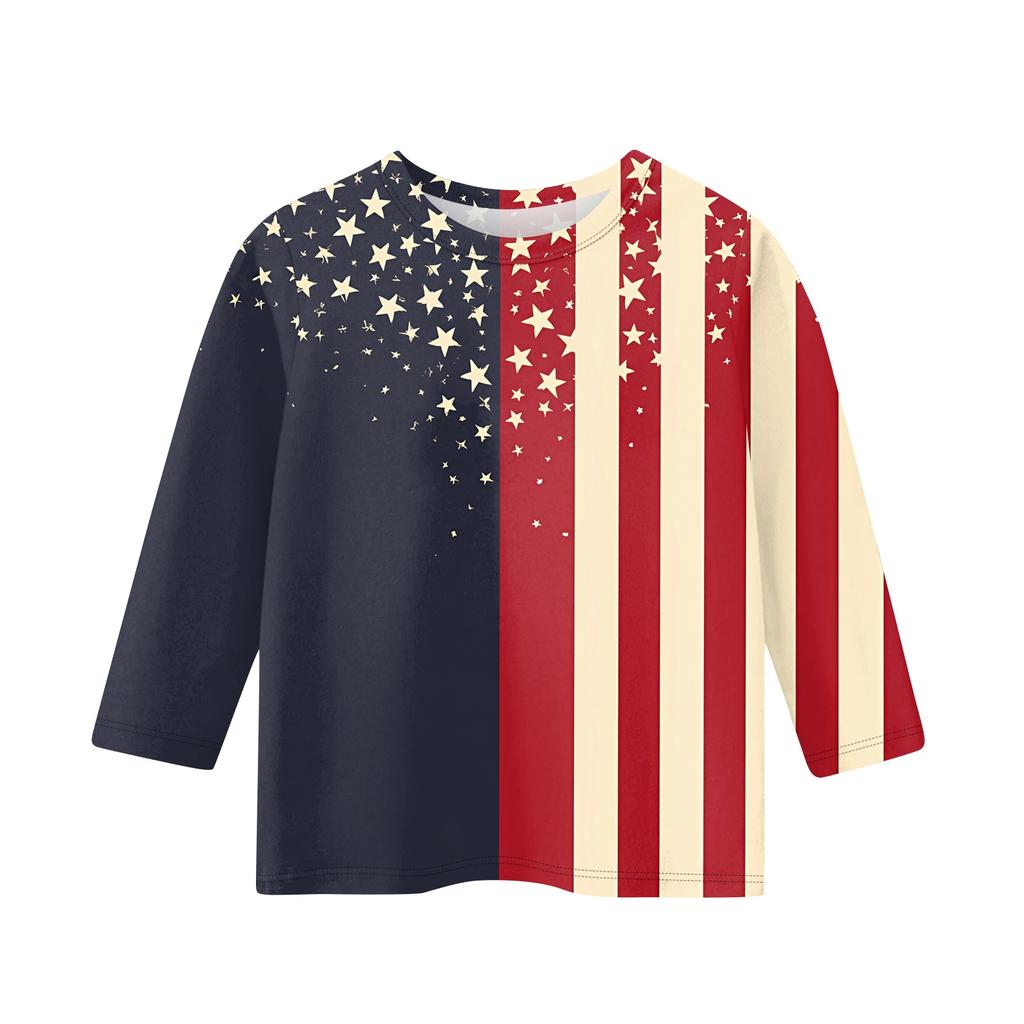 Children's 3/4 Sleeve Tops Casual Print T Shirt Round Neck Pullover Blouse