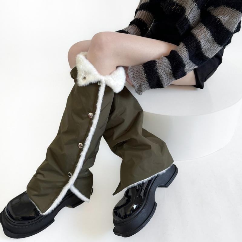 Women's Slouchy Leg Warmers with Side Split Buttons Solid Color Fleece Lined Drawstring Leg Covers Footless Long Socks