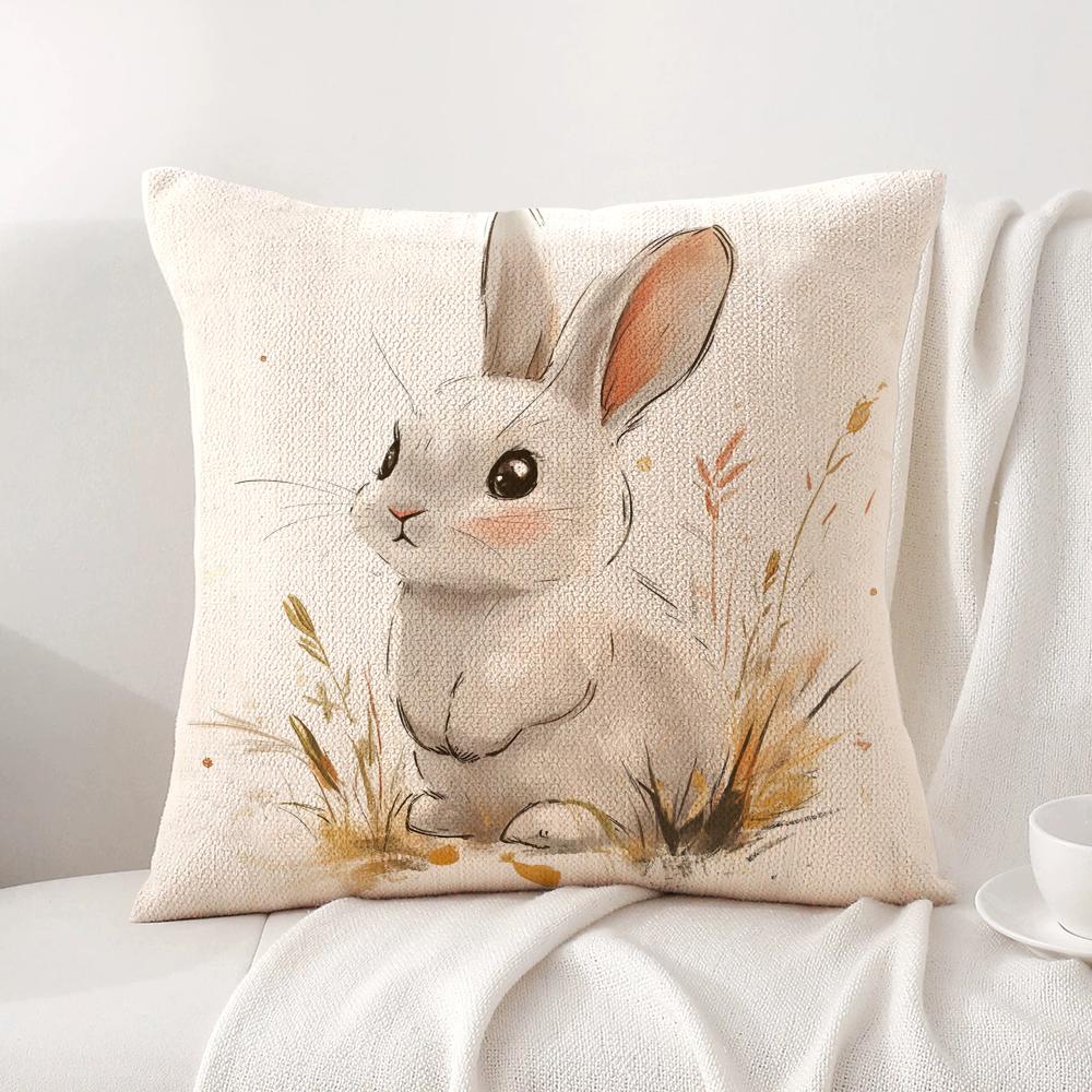 Retro Easter Bunny Cushion Cover Natural Linen Organic Fabric DoubleSided Printing Sofa Home Decor Gift Pillow Cover