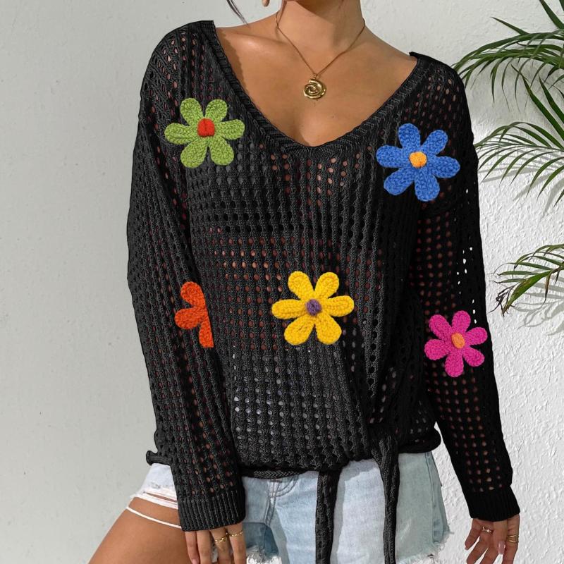 Women's V-neck Pullover Top Hollow Blouse with Bow Tie Woolen Outer Layer Knitted Sweater Spliced Loose