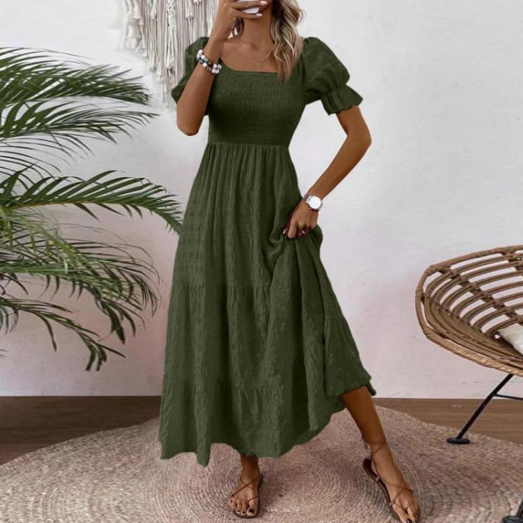 Women S Square Neck Puff Sleeve Maxi Dress Smocked Bodice Tiered Skirt with Pockets for Casual Wear