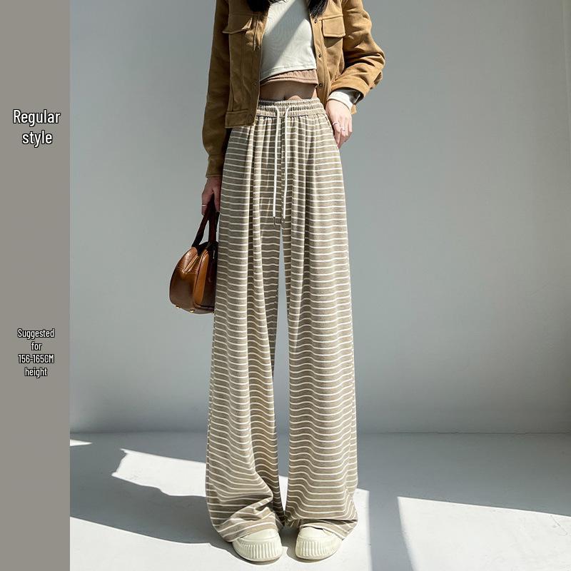 2025 Women's Black Stripe High Waist Wide Leg Pants - Spring/Autumn, Slimming & Casual