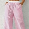 Women Pants Wide-Leg Casual Pants Elastic Waist Adjustable Drawstring Striped Design